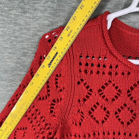 Talbots Womens Lp Red Pointelle Open Knit Sweater 3/4 Sleeve Lattice Diamond Top - Picture 10 of 14